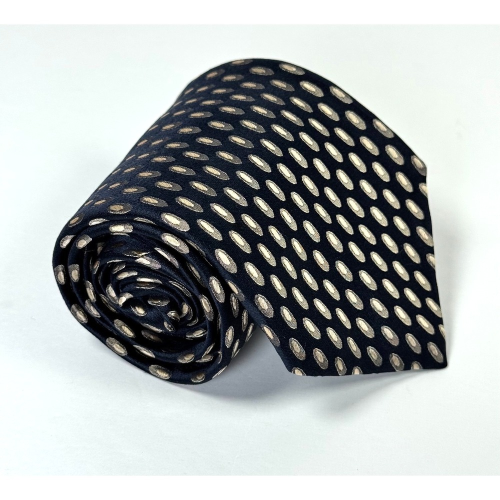 Paul Smith Tie Silk Made in England Navy Blue Metallic‎ Champagne Oval Geometric